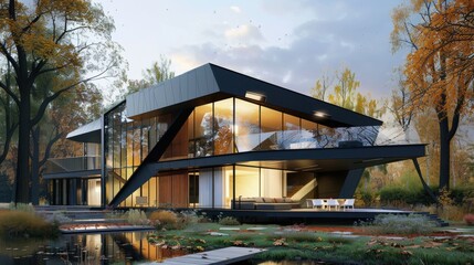 Fototapeta premium Energyefficient glazing in a modern home, maximizing natural light, side view, showcasing sustainable architecture, futuristic tone, Tetradic color scheme