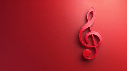 Fototapeta premium Red treble clef on textured red background. Treble clef 3D rendered on red gradient background and with copy space to the left. Music poster with red treble clef