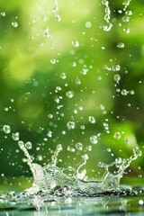 This image captures a water splash in mid-air with droplets dispersed against a vibrant green background, creating a refreshing and lively ambiance.