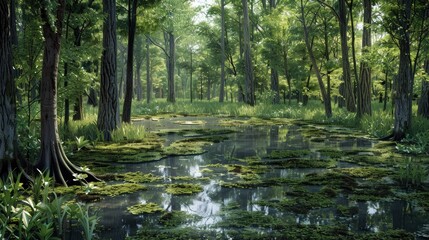 Spring forest swamp with a marshy area