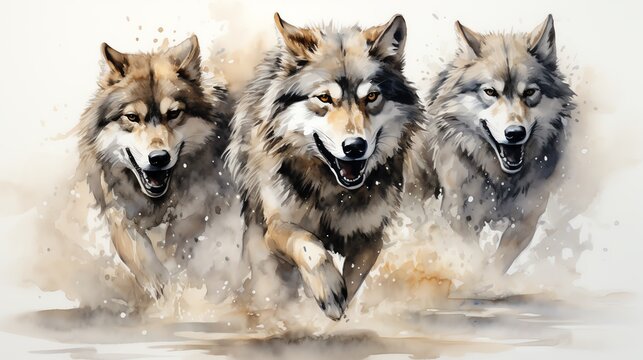Watercolor painting of three wolves running in a pack.