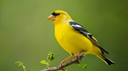 Fototapeta premium American Goldfinch (Spinus tristis) North American Backyard Bird. It is known for its vibrant yellow summer plumage. Isolated on green nature soft blur background