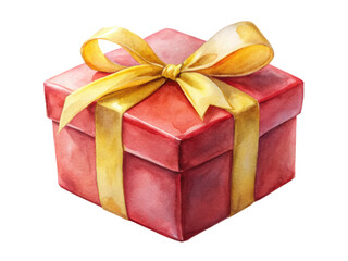 Obraz premium Watercolor Red Gift Box With Yellow Ribbon. A beautifully illustrated red gift box adorned with a yellow ribbon bow. Isolated on transparent background, png.