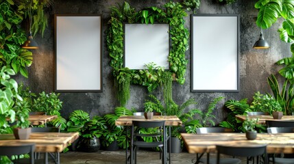 A modern dining room with a wooden table accompanying chairs set, Blank picture frames mockup hanging on wall