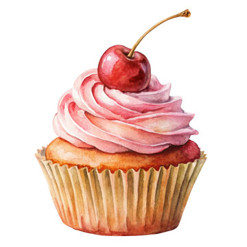 Watercolor Cupcake With Cherry Topping. A beautifully painted cupcake with pink frosting and a cherry on top. Isolated on transparent background, png.