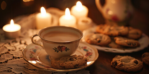 A vintage-inspired scene of an old-fashioned tea set with cookies, lit by candlelight in the evening.