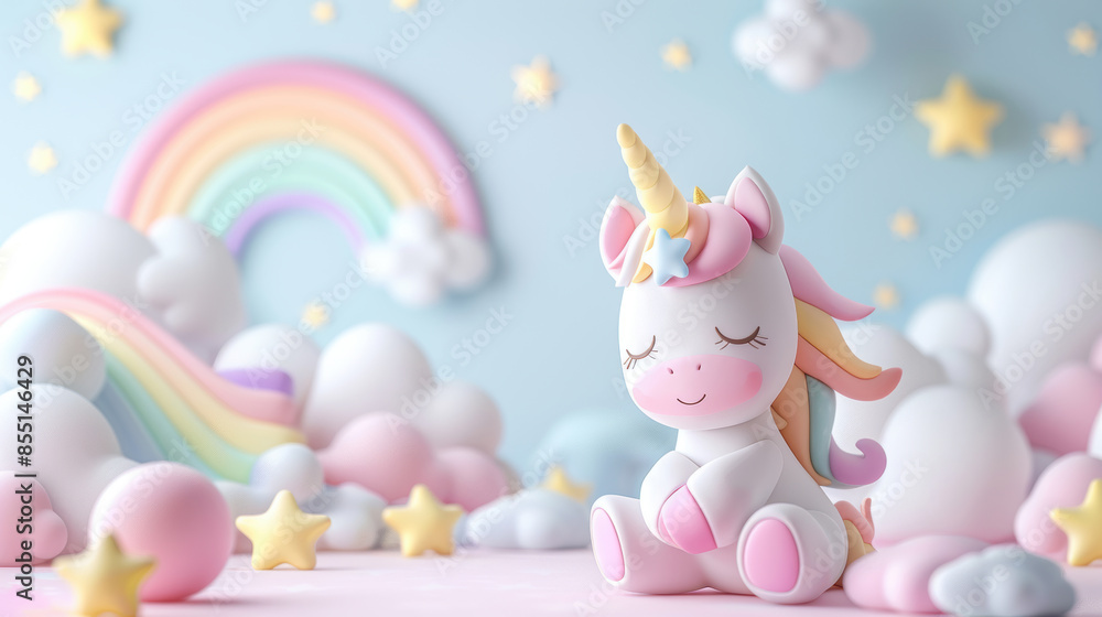 Poster cute 3d unicorn standing and smiling with rainbow and clouds background