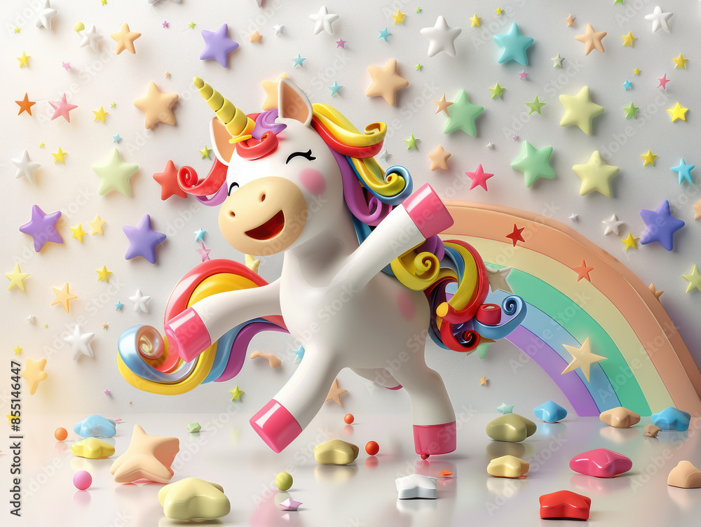 Poster cute 3d unicorn standing and smiling with rainbow and clouds background