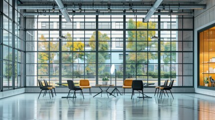 Obraz premium Energyefficient glazing in a contemporary office, reducing energy consumption, front view, highlighting advanced window technology, advanced tone, vivid