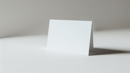 Blank white folded card on a white background, providing a minimalist and versatile template ideal for invitations, greeting cards, or business stationery.

