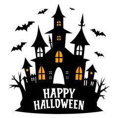 Happy Halloween with a haunted house silhouette vector  illustration 