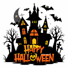 Happy Halloween with a haunted house silhouette vector  illustration 