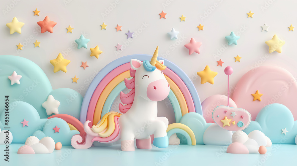 Poster cute 3d unicorn standing and smiling with rainbow and clouds background
