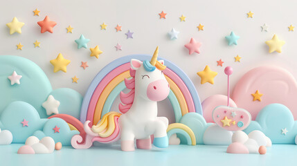 Cute 3d unicorn standing and smiling with rainbow and clouds background