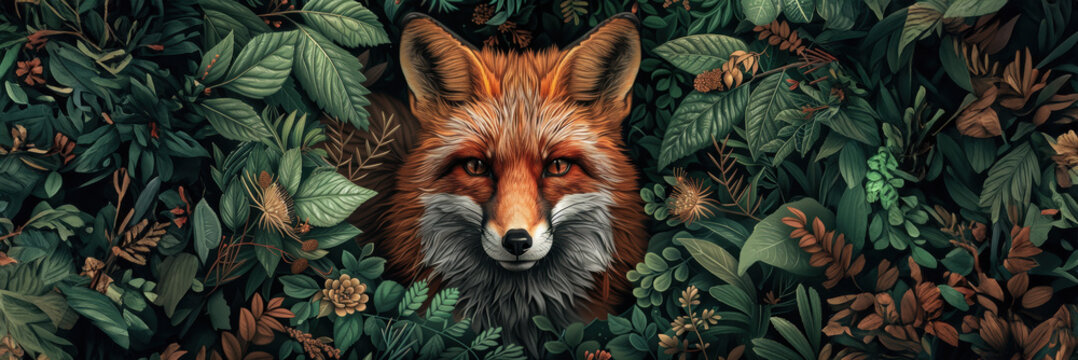 Beautiful red fox emerging from a dark background and surrounded by fall flowers and plants