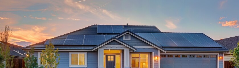Photovoltaic cells on a suburban house, harnessing solar energy, front view, demonstrating green technology, robotic tone, Analogous Color Scheme