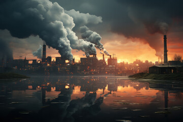 Industrial facility emitting pollution into atmosphere at sunset