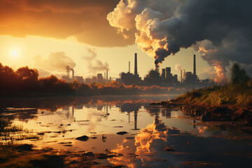 Industrial facility emitting pollution into atmosphere at sunset