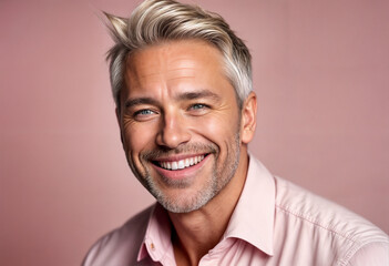 Fit and beautiful 45 year old blonde  american man, smiling, regular fit shirt, clear pastel pink background