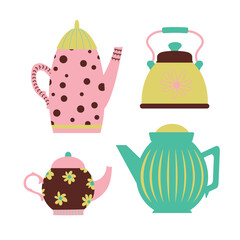 multi-colored teapots set with different patterns. Tea, coffee, drinks. Banner for the interior. all objects are separated. Mid-century. Hand-drawn. Vector illustration.