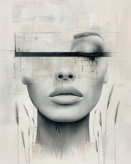 Abstract Neo-Surrealist Art Ethereal Woman's Face Merged with Nature Elements, Featuring Bold Orange Sun and Delicate Grass Strokes , Japanese art for a Contemporary Artistic Statement Wallpaper