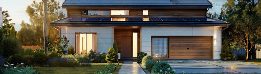Obraz premium Photovoltaic cells on a suburban house, harnessing solar energy, front view, demonstrating green technology, robotic tone, Analogous Color Scheme