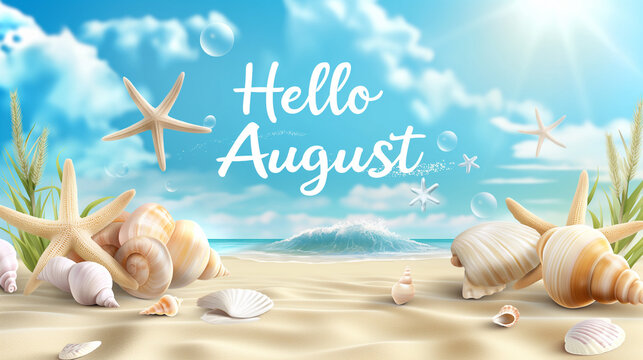 Cheerful background with beach elements on the sides such as seashells and starfish, the text "Hello August"