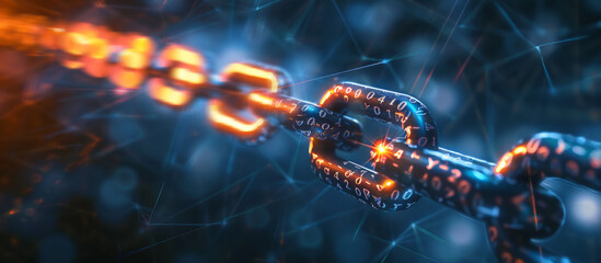Blockchain security concept with chains and binary numbers glowing against a dark background