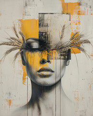 Abstract Neo-Surrealist Art Ethereal Woman's Face Merged with Nature Elements, Featuring Bold Orange Sun and Delicate Grass Strokes , Japanese art for a Contemporary Artistic Statement Wallpaper