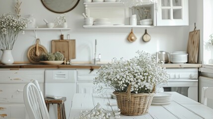 a kitchen with a vintage cabinet, white walls and floor, a basket of flowers on the table, and a mirror above the cabinets.