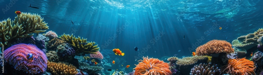 Wall mural This image showcases a vibrant underwater coral reef with various species of colorful fish swimming around, illuminated by rays of sunlight piercing through the water surface. - Wall murals