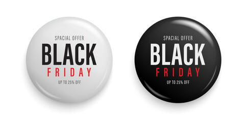 Black Friday promotion sale label discount 25 percent price. Black and white round shiny discount badge. Promotion, price tag design element. Banners design. Vector illustration
