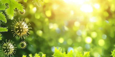 Illustration of virus cells superimposed on a bright green leafy backdrop, symbolizing nature and health