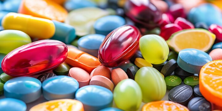 Vivid close-up shot of mixed pharmaceutical pills and vitamins signifying health care