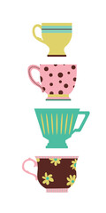 multi-colored cup set with different patterns. Tea, coffee, drinks. Banner for the interior. Mid-century. Hand-drawn. Vector illustration.