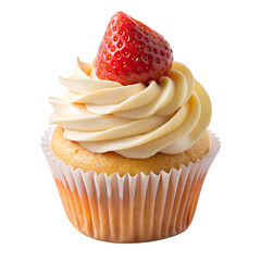 strawberry and cream cupcake on isolated PNG background. realistic texture,