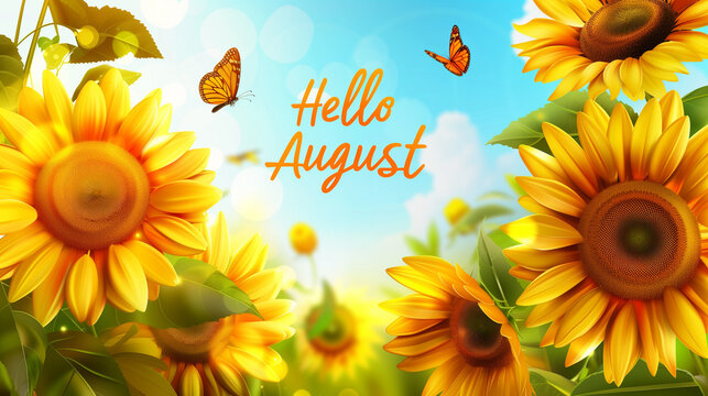 Summer background with vibrant elements on the sides like sunflowers and butterflies, the text "Hello August"