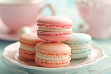 Fototapeta premium Pastel macarons on plate, sweet dessert food composition