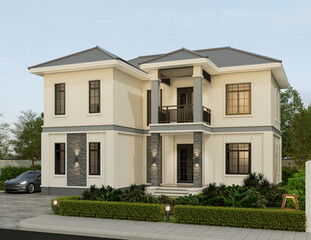 3D illustration, architecture, modern style two-storey house, white, gray roof,rendering with garage and natural scenery background.