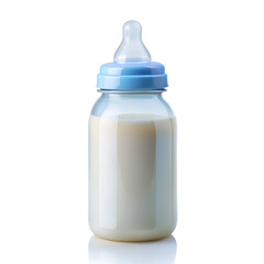 Blue baby milk bottle on isolated PNG background.
