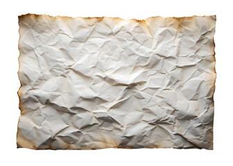 Blank white paper with wrinkled, burnt edges on isolated PNG background. realistic texture,
