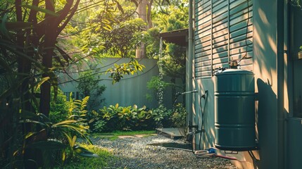 Rainwater harvesting system in a residential garden, conserving water resources, side view, promoting environmental sustainability, cybernetic tone, Triadic Color Scheme