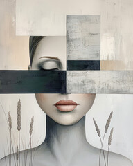 Abstract Neo-Surrealist Art Ethereal Woman's Face Merged with Nature Elements, Featuring Bold Orange Sun and Delicate Grass Strokes , Japanese art for a Contemporary Artistic Statement Wallpaper