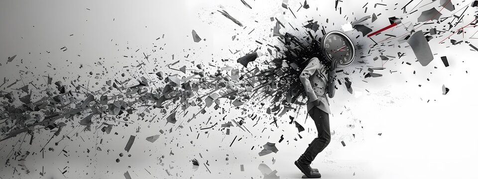 Person with head replaced by a clock, exploding into fragments, representing stress and time pressure, black and white