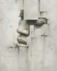 Abstract Neo-Surrealist Art Ethereal Woman's Face Merged with Nature Elements, Featuring Bold Orange Sun and Delicate Grass Strokes , Japanese art for a Contemporary Artistic Statement Wallpaper
