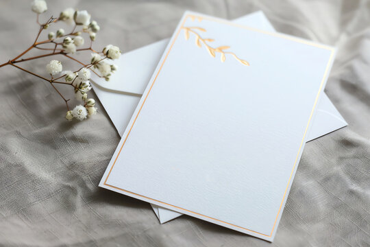Elegant blank wedding invitation card with envelope and floral design.