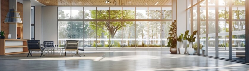 Naklejka premium Energyefficient glazing in a contemporary office, reducing energy consumption, front view, highlighting advanced window technology, advanced tone, vivid