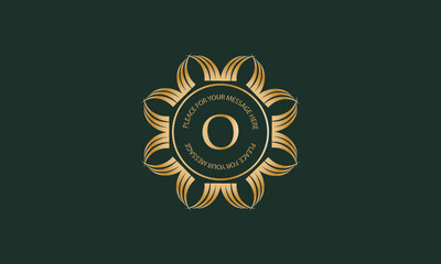 Heraldic or decorative luxury logo template with letter O in center and space for text. Good for restaurant, royalty, boutique, hotel, jewelry, fashion, etc.