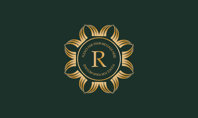 Heraldic or decorative luxury logo template with letter R in center and space for text. Good for restaurant, royalty, boutique, hotel, jewelry, fashion, etc.