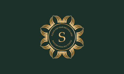 Heraldic or decorative luxury logo template with letter S in center and space for text. Good for restaurant, royalty, boutique, hotel, jewelry, fashion, etc.